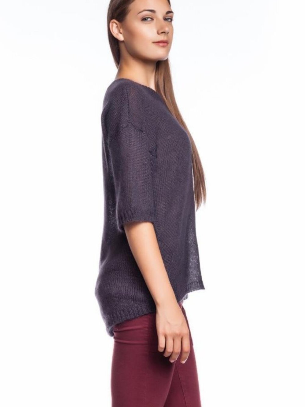Halston Heritage Elbow Sleeve Sweater Graphite Gray Mohair Relaxed Fit NWT - Picture 2 of 4